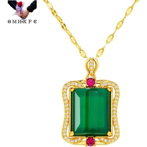 OMHXFC Wholesale PN573 European Fashion Fine Woman Girl Party Birthday Wedding Gift Rectangle AAA Zircon 24KT Gold Pendant Charm