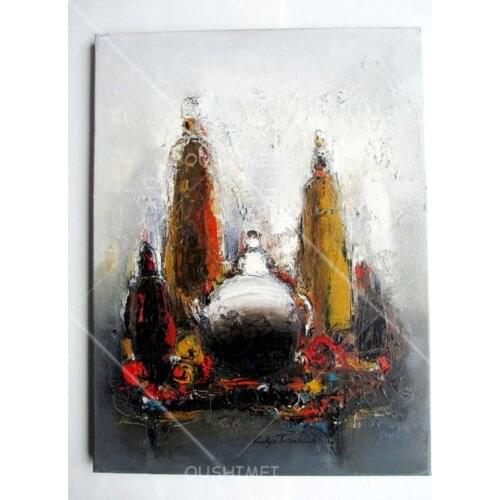 Hand Painted Oil Painting Yellow Red and Black Building Picture Oil Painting Home Decor for Living Room Modern Wall Art Painting