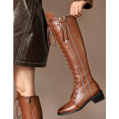 Ochanmeb Natural Cow Leather Knee High Boots Women Lace up Punk Zipper Charm Cross Tied Knight Boot Woman Fall Winter Shoes Chic