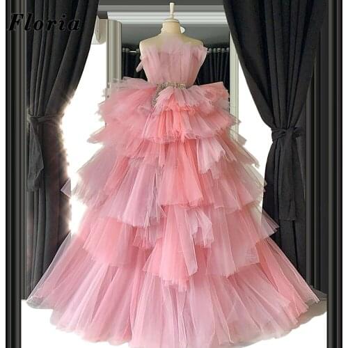 Saudi Arabia Pink Evening Dresses Robe De Soiree 2021 Women Arabic Long Party Night Gowns Beaded Belt Celebrity Prom Dress