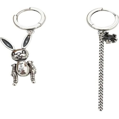 ZEMIOR 925 Sterling Silver Vintage Rabbit Tassel Asymmetry Drop Earrings For Women Black Star Zircon Earring Charms Jewelry