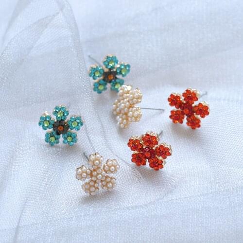 Korean Style Colorful Flower Statement Earrings for Women Female Shiny Rhinestones Pearl Earrings Fashion Wedding Jewelry Gift