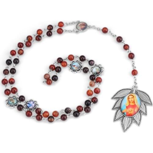 Servite Rosary of the Seven Sorrows Agate Prayer Beads Chain Religious Holy Virgin Mary Our Lady of Guadalupe Pendant Necklace