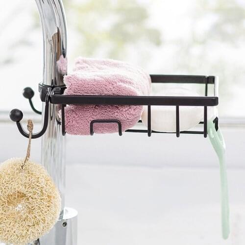 Faucet Storage Rack Kitchen Sink Sponge Holder Double Hook Iron Bathroom Tools Rag Soap Drain Finishing Shelf