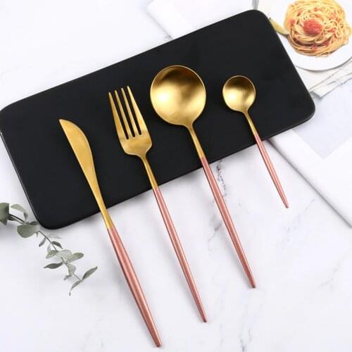 Pink Gold Cutlery 4Pcs/set Steak Knife Spoon Fork Dessert Spoon Dinnerware Set Stainless Steel Western Tableware Cutlery Set