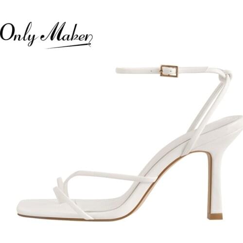 Onlymaker 2021 Square Open Toe Summer Women Flip Flops Sandals Matte White Kitten Heel Comfortable Narrow Strap Buckle Big Size