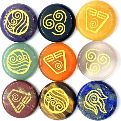 4 Pieces/set Chakra Stone with Lapis Lazuli Carved Symbols Round Palm Stone Polished Crystal Natural Divination Stone Set 25mm