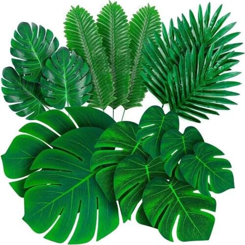 Large Small Green Fake Palm Leaf Decorations with Stems for Safari Jungle Hawaiian Luau Party Table Decoration Wedding Birthday