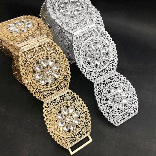 Big Size Moroccan Caftan Metal Waist Chain For Women Bridal Big Crystal Flower Hollow Waist Chain Algeria French wedding Jewelry