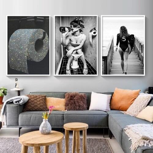 Black & White Modern Toilet Sexy Woman Canvas Prints Bar Girl Drinking Bathroom Picture Poster Fashion Roll Paper Painting Decor