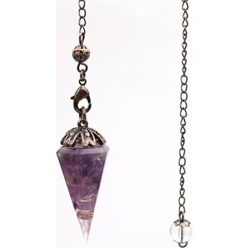 FYJS Unique Copper Plated Chain Amethysts Stone Hexagon Pyramid Pendant Red Agates Resin Pendulum for Dowsing Jewelry