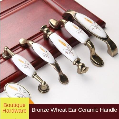 Zinc Alloy Ceramic Handle European Style Pastoral Wheat Ear Cabinet Door Handle Modern Wardrobe Drawer Knob Antique Furniture