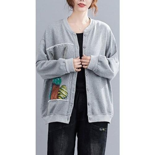 Women Loose Casual Jackets New Arrival 2020 Autumn Korean Simple Style Cartoon Print Thick Cotton Female Outerwear Coats S2642