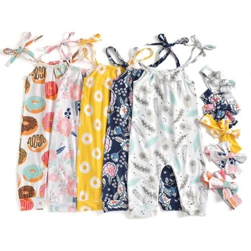 SUNSIOM Baby Girls Summer Rompers Outfits Cute Cartoon Print Halter Sleeveless Jumpsuit with Headband Set