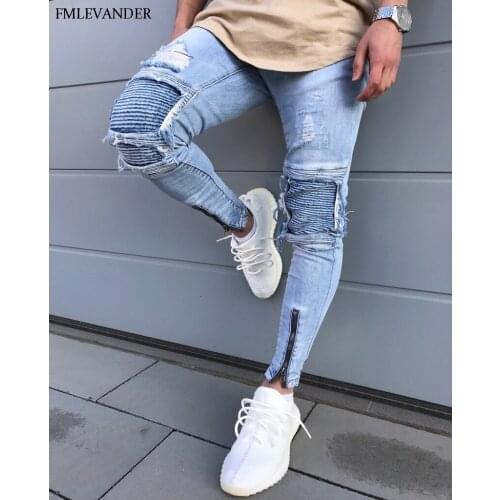 2018 New Fashion Men Holes Jeans European High Street Motorcycle Biker Jeans Men Hip Hop Jeans Men