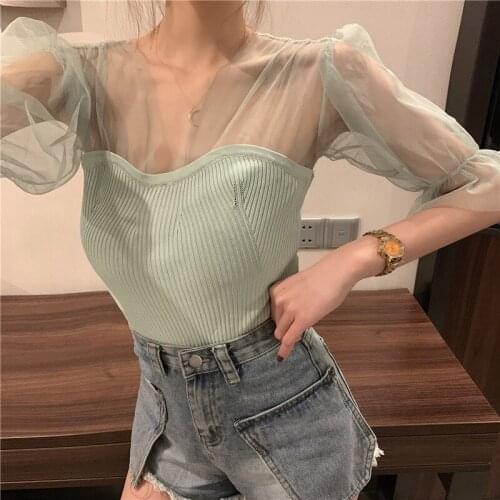Sexy Puff Short Sleeve Ruffles T-Shirt 2021 Fashion Womens V-Neck Net Yarn Stitching Knitted Shirt Tops Female Girls Slim