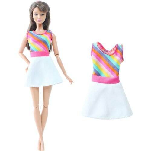 BJDBUS Handmade Doll Dress Rainbow Color Pattern Skirt Daily Wear Mini Gown Casual Clothes for Barbie Doll Accessories Kids Toy