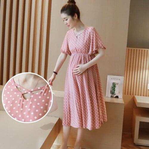 Pregnant Women Midi Pleated Chiffon Dress Pink Polka Dots Summer Pregnancy Clothes Loose Plus Size Maternity Dresses