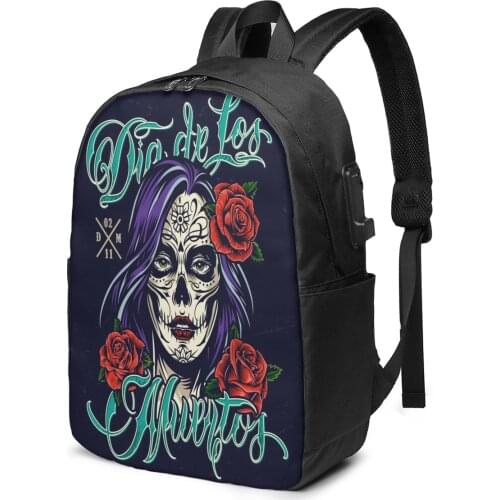 Teenage Backpack for School Boy Girl Dia De Los Muertos School Bag USB Charging Bookbag