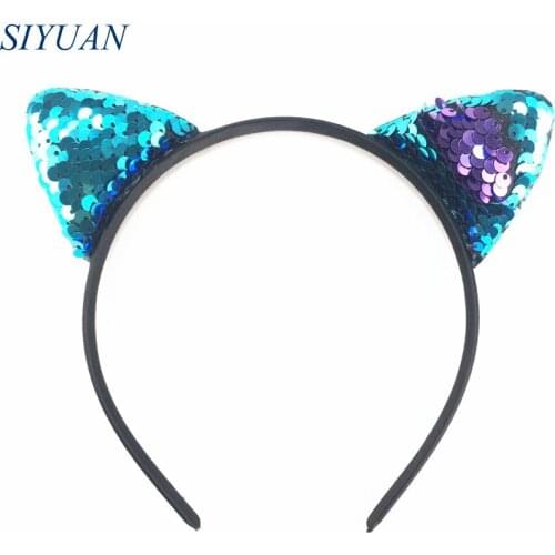 15pcs/lot 2.4'' Reversible Sequin Hair Cat Ear Headband Plastic Hairband Kids Cosplay Headdress DIY Boutique HB068