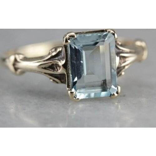 Gold Plating Vintage Retro Princess Rings Classic Love Square-shaped Blue Sea Stone for Women Ladies High Quality Gift