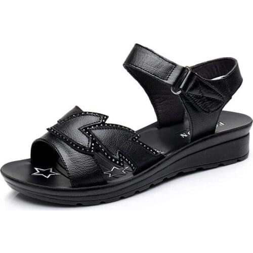 Women Sandals Summer Shoes Woman Beach Flat Genuine Leather Hook Loop Rhinestone sandalias mujer 2019 women shoes