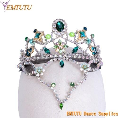 Green Silver Professional Ballet Headpiece Ballet Tiara Precious Stone Fairy Ballet Performance Crown Headdress Handmade
