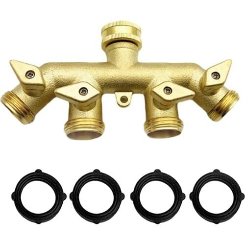Heavy Duty 4-way Garden Hose Splitter Shut off valves All Brass Stainless Ball for Outdoor Tap and Faucet