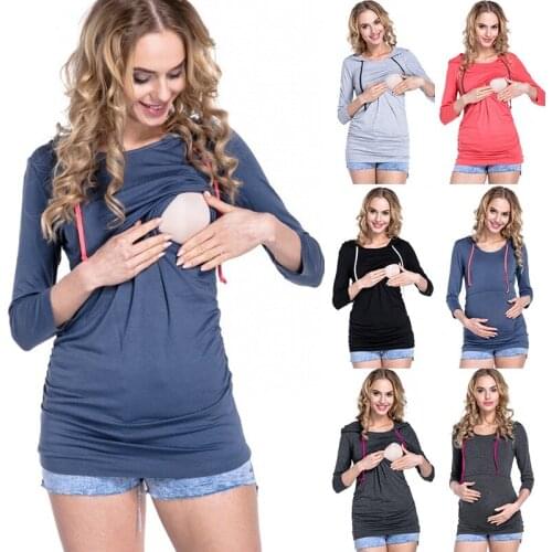 Long sleeve maternity hoodie cotton pregnancy top nursing tshirt for breastfeeding autumn patchwork sweatshirt slim-fit tee sale