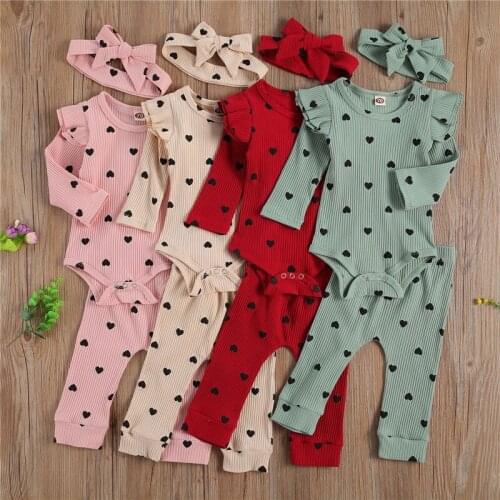 Spring Autumn Infant Clothing Sets Newborn Girl Ribbed Knitted Heart Print Romper Tops+Pants Toddler Infant Outfits Clothes Suit