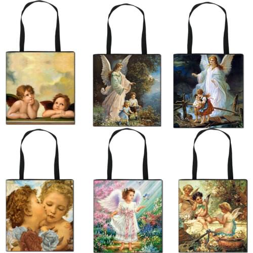 Vintage Oil Painting Love Angel Print Shoulder Bag for Women Portable Girls Tote Bags Ladies' Shopping Bag Mothers Day Gifts
