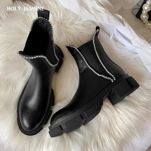 2021 Hot Sale Genuine Leather Shoes Women Ankle Boots Round Toe Autumn Winter Crystal Fashion Riding Boots Women Platform Boots