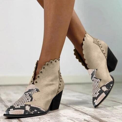 Womens Ankle Boots Fall/Winter 2020 Womens Rivet PU Leather High Heels Woman Snake Print Denim Ladies Shoes
