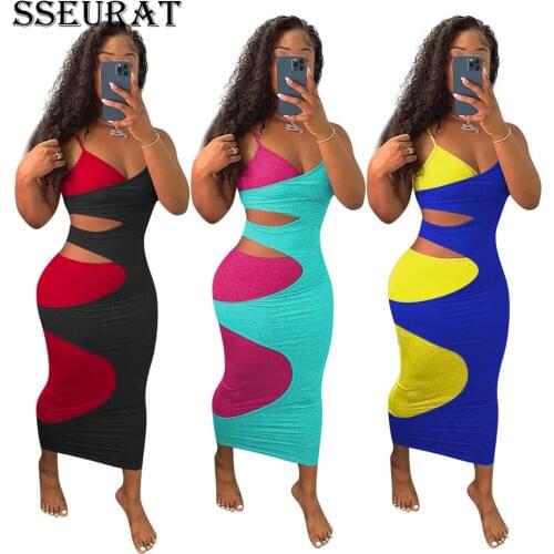 SSEURAT Women Long Dress Patchwork Cut Out Sleeveless Strap V-neck Strechy Bodycon Dresses Sexy Fashion Streetwear Summer