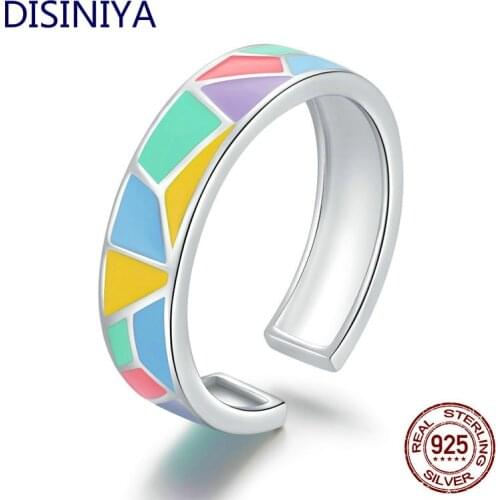 DISINIYA 925 Sterling Silver Color Enamel Trend Personalized Wide Band Geometric Pattern Free Size Ring Worn By Ladies ZBSR00126