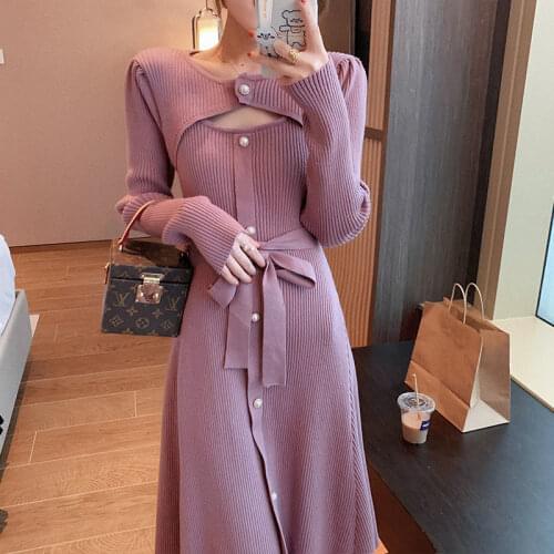 Female Office One Piece Dress Winter Knit Dress Women Casual Long Sleeve Button Elegant Midi Sweater Dresses Korean 2021 Autumn