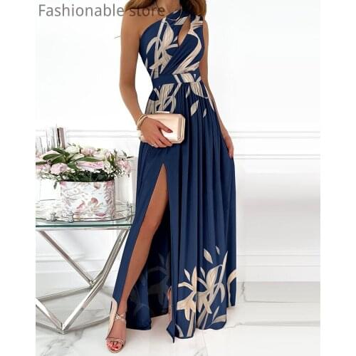 Women One Shoulder Front Cutout Side Slit Maxi Dress