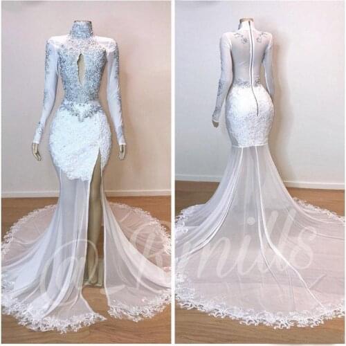 White Prom Dresses Mermaid High Collar Long Sleeves Appliques Beaded Slit Sexy Long Prom Gown Evening Dresses Robe De Soiree