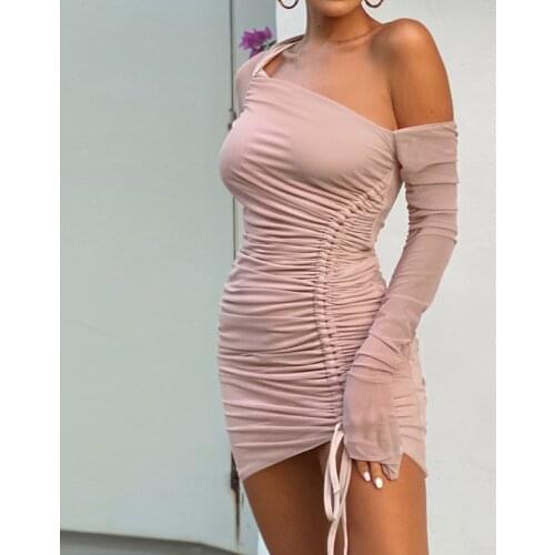 Women Spring Autumn Pleated Party Night Dress Long Sleeve Off Shoulder Bodycon See Through Mini Dress 2021 Female Streetwear