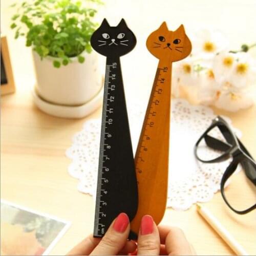 1 PCS Creative Cute Wood Animal Straight Ruler Lovely Cat Shape Ruler Gift for Kids School Supplies Stationery Black Yellow