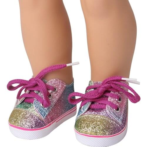 18 Inch American Doll Girls Shoes Rainbow Sequined Lace-up Shoes Born Baby Toys Accessories Fit 43 Cm Boy Dolls Gift E21
