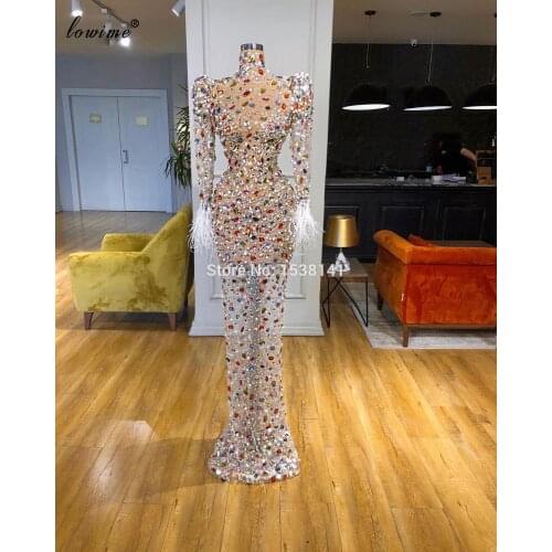 2020 High Fashion Bling Multi Color Evening Dresses Long Crystals Pearls Prom Dresses Women Party Night Transparent Muslim Gowns