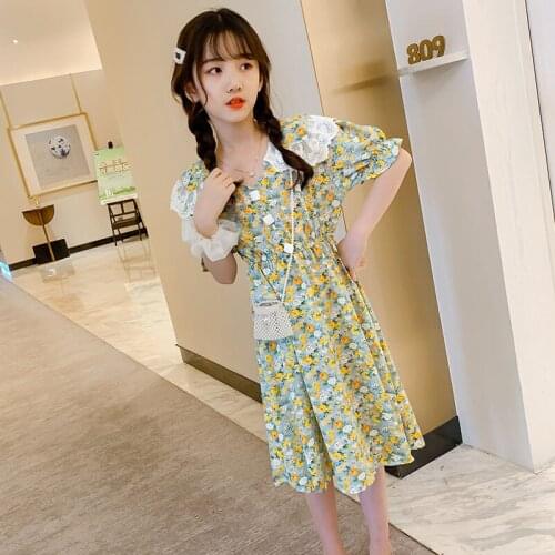 2021 Summer Kids Girls Fashion Dress Children Floral Print Chiffon Dresses Baby Girls Clothes Toddler Girl Princess Clothes D668