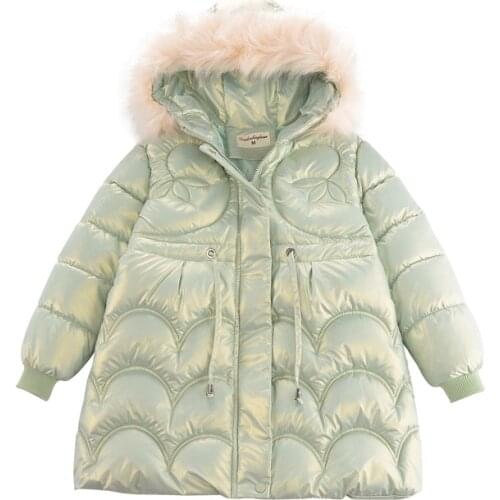2021 girls winter new solid color down cotton colorful wave bow cotton-padded jacket childrens hooded thick warm padded jacket