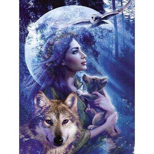 Full Diamond Painting Woman Holding Young Wolf 5D DIY Diamond Embroidery Kit Rhinestone mosaic Cross Stitch Gifts KBL