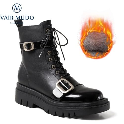 VAIR MUDO Ankle Boots Shoes New Trend Black Brown Round Toe Thick Bottom Lace Up Genuine Leather Concise Solid Sewing DX182-C