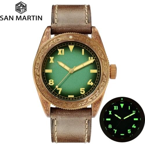 San Martin Retro Bronze Mens Watch Engraving Traditional Pattern Mechanical Watches Unisex Luminous Dial Sapphire Relojes