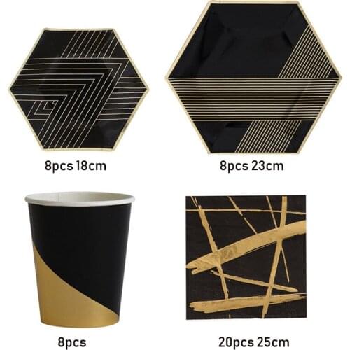 Black Disposable Tableware Christmas New Year Party Paper Plates Cups Napkin Birthday Supplies Plastic Straws