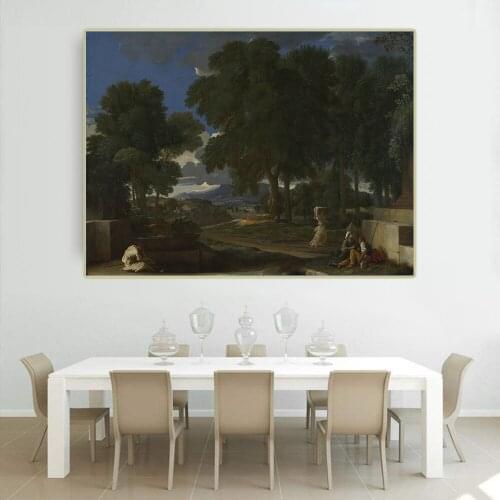 Citon Nicolas Poussin《Landscape with a man washing his feet at a fountain》Canvas Oil Painting Picture Wall Decor Home Decoration