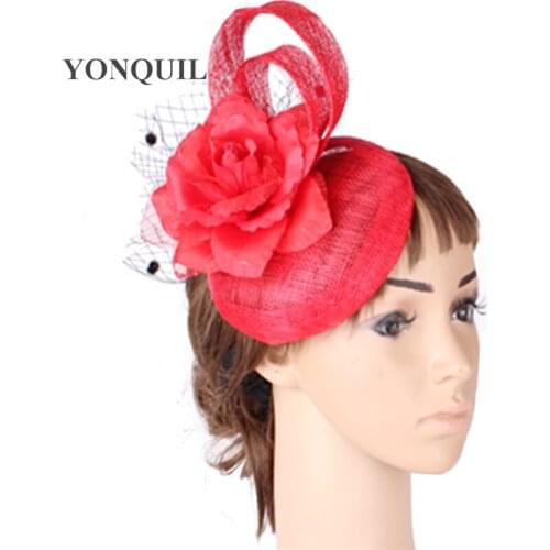 Colors Elagant Women Wedding Silk Flower Red Fascinators Hat With Dot Veils Cocktail Church Headdress Ladies Hair Accessories